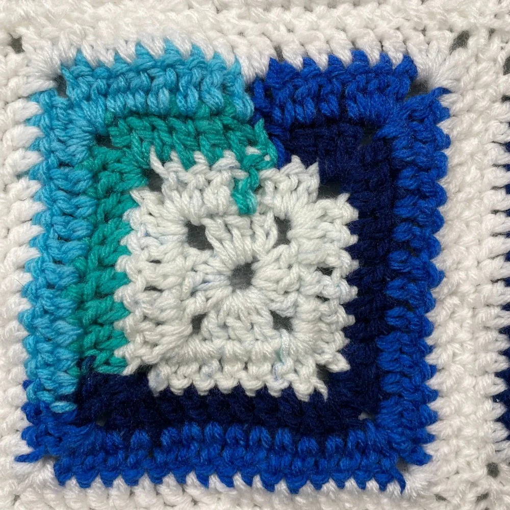 Handmade Granny Square Crochet Blanket Blue White Teal Throw Cozy 39 x 32